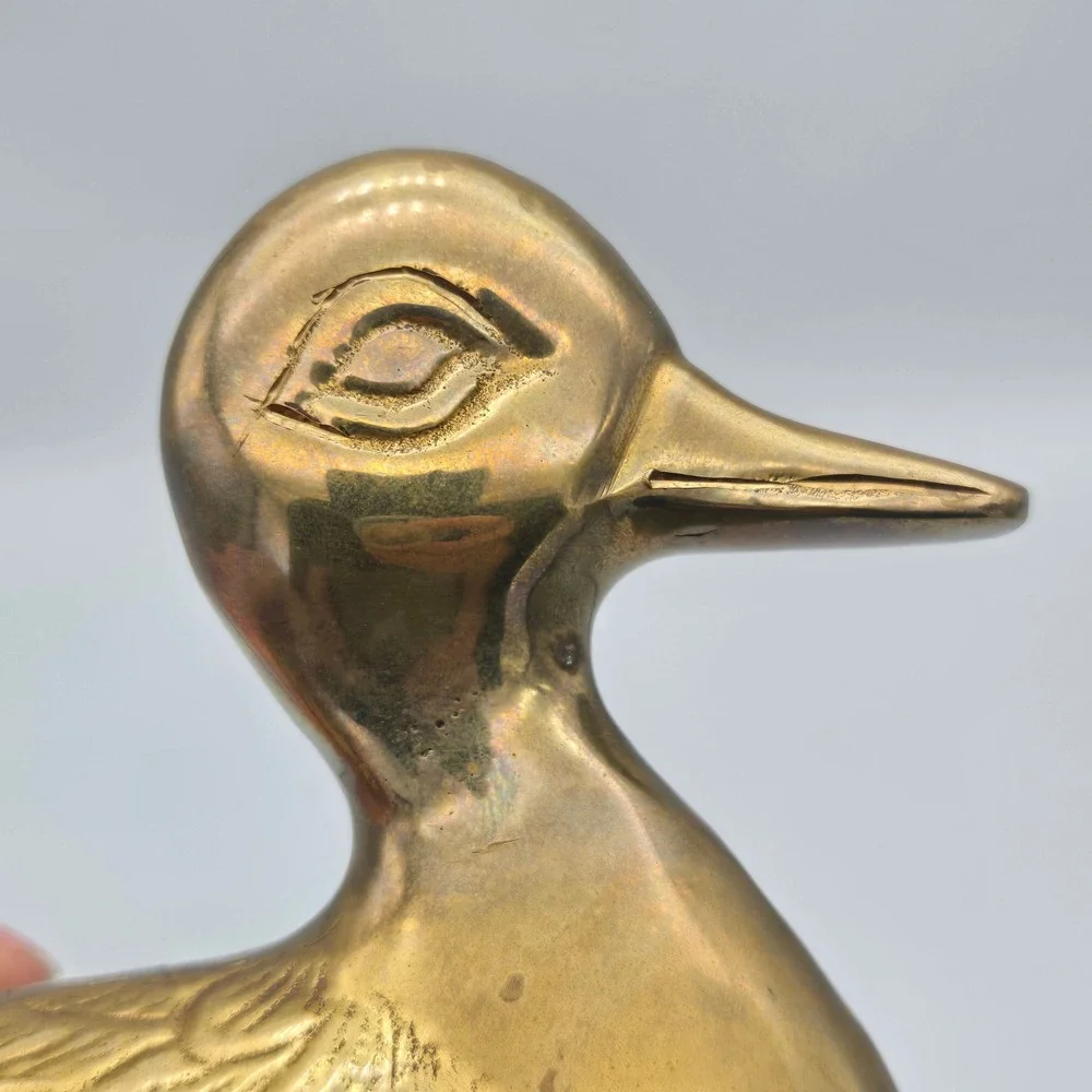 Vintage Solid Brass Duck Figurine Sculpture Detailed Feathers Warm Patina 6.5